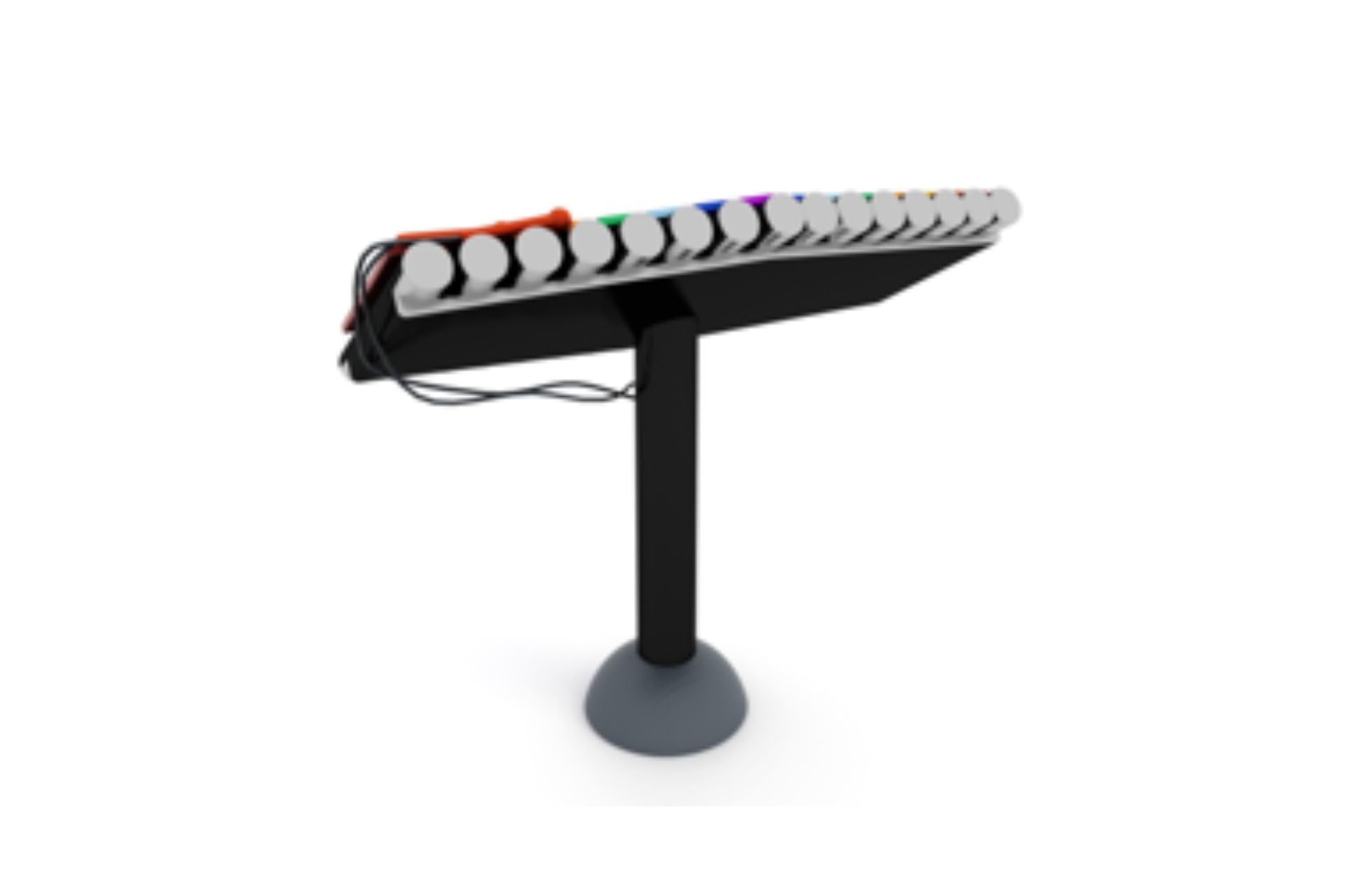 Colorful outdoor split rainbow xylophone with attached paddles on a single black pedestal stand