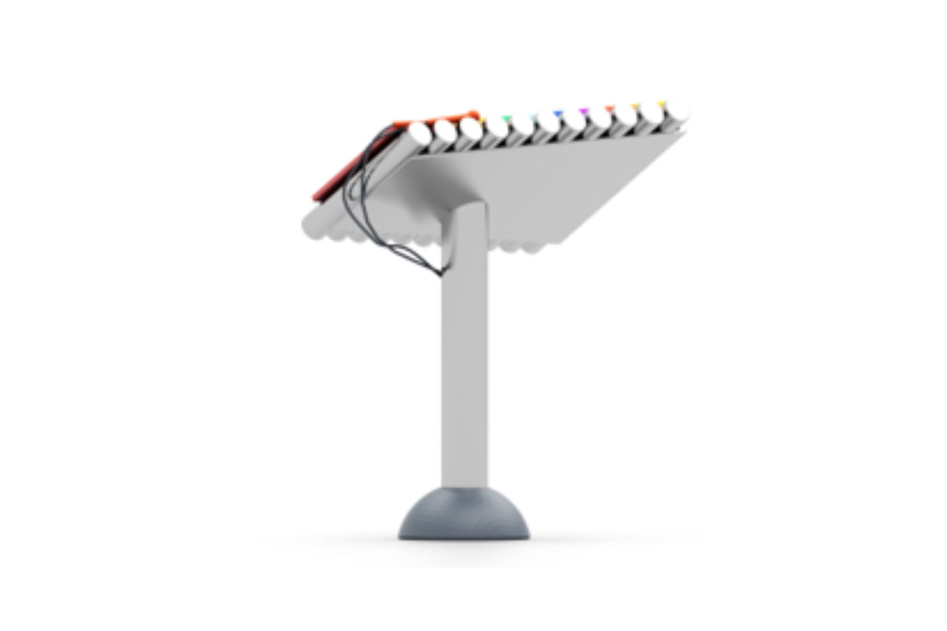 Elevated outdoor xylophone with rainbow-colored metal bars and sturdy support post for playground musical play