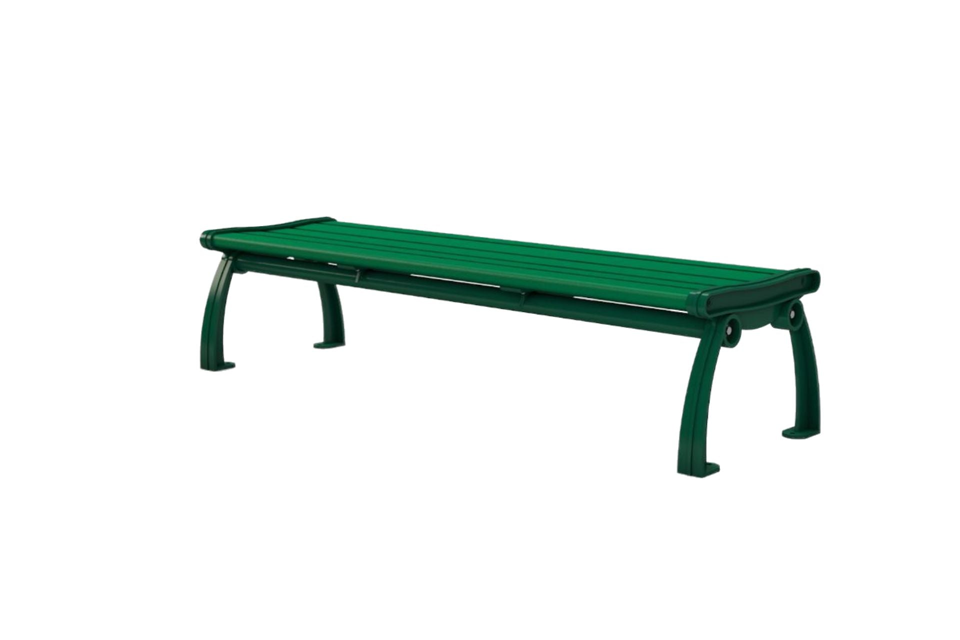 Green backless park bench with nine horizontal resinwood slats and curved powder-coated cast aluminum legs