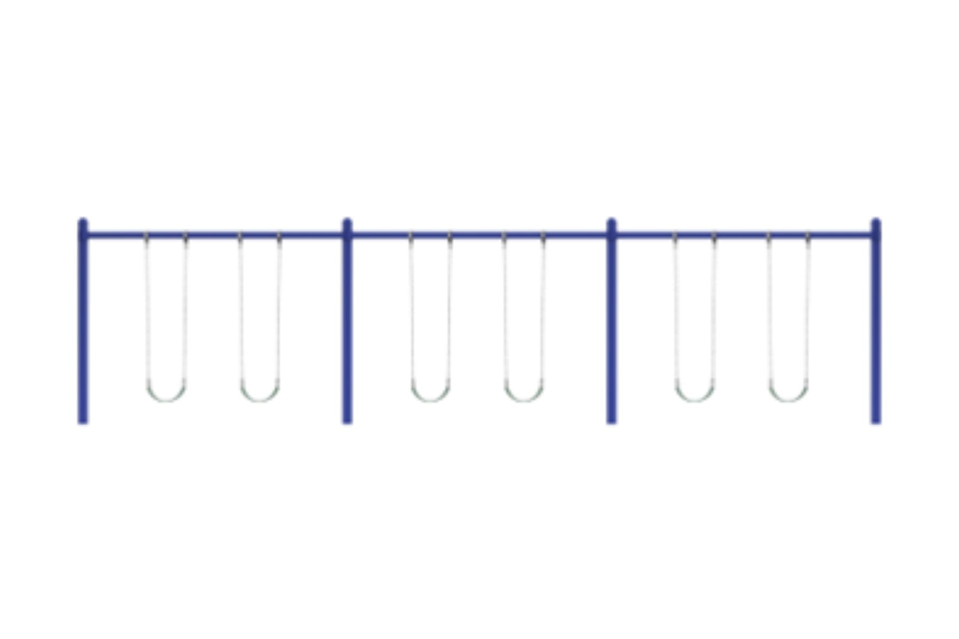 Blue single-post metal swing set with six belt swings arranged in three bays, durable and commercial-grade playground equipment