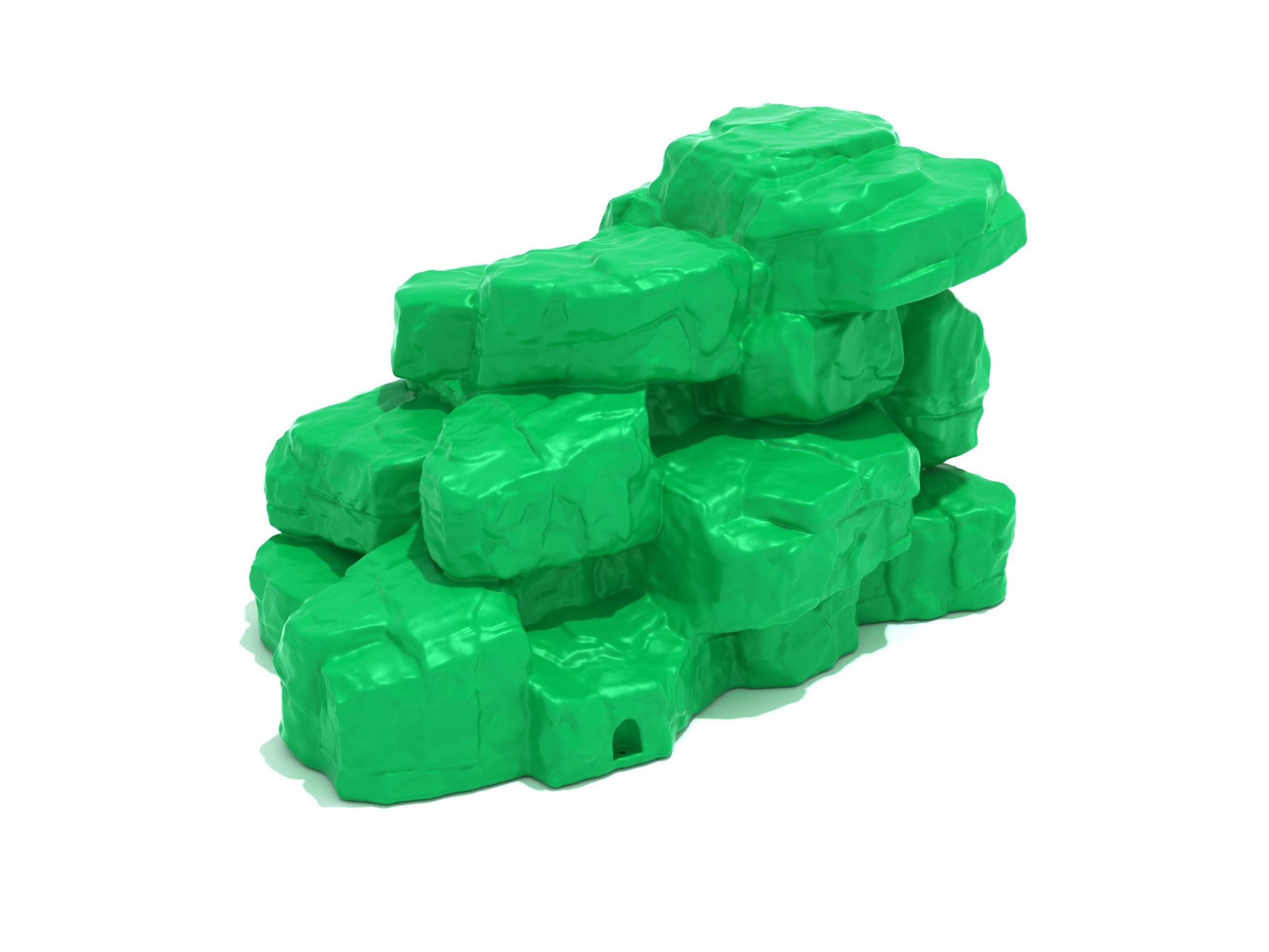 Green playground boulder climber with textured rock surfaces and varied ledges for climbing and balance development