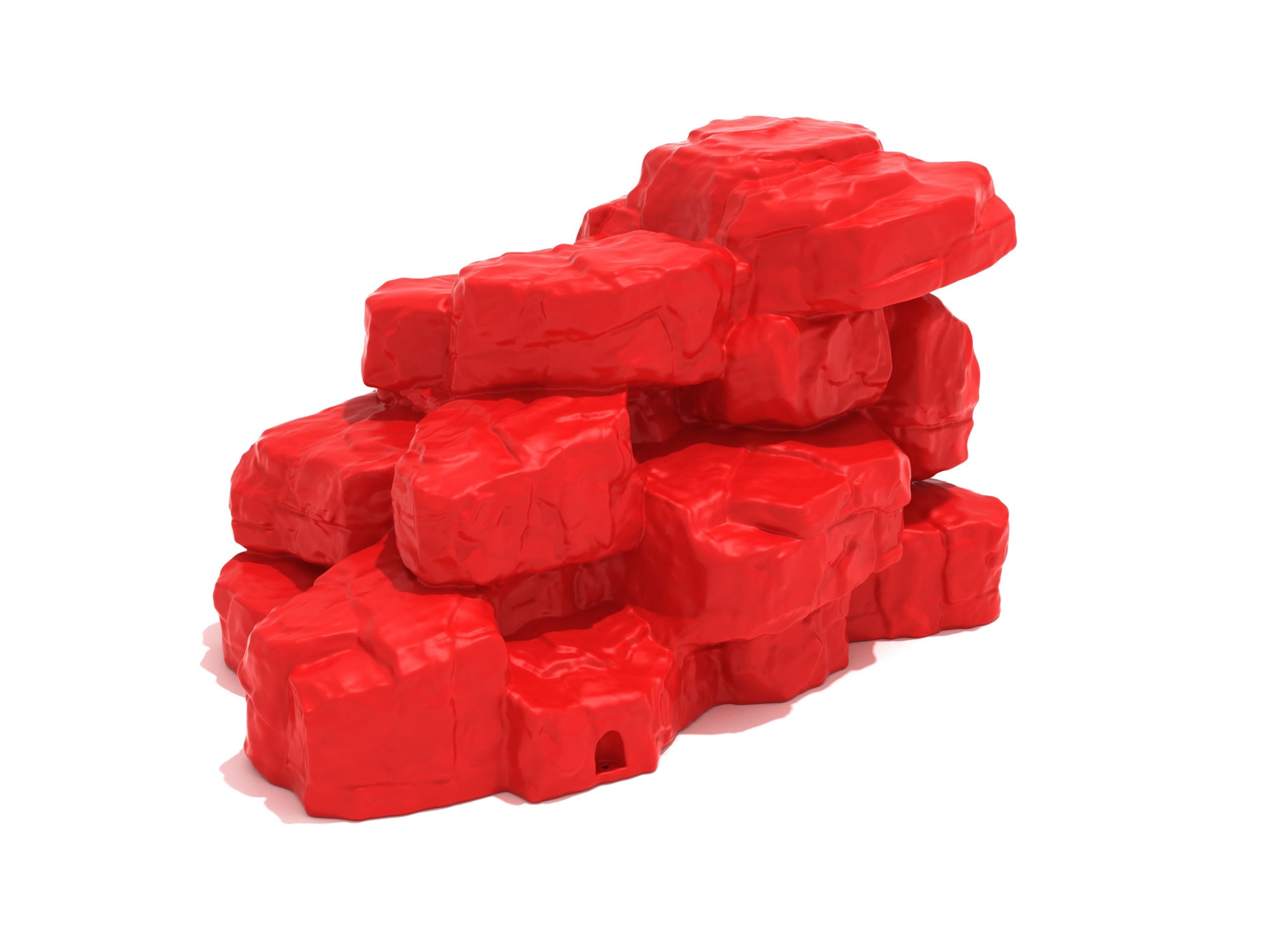 Bright red playground boulder climber with textured rock surfaces and varied handholds for active play