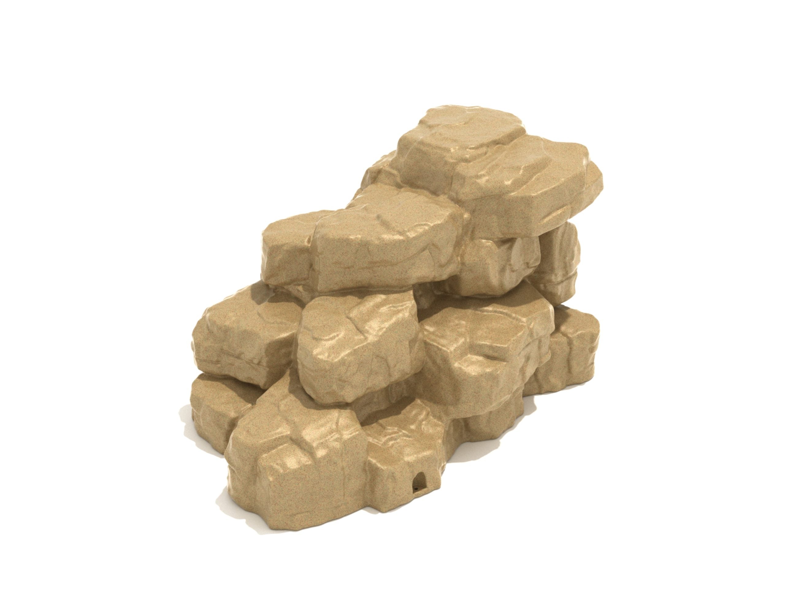 Compact tan playground boulder climber with realistic rock textures and varied handholds for kids' climbing play