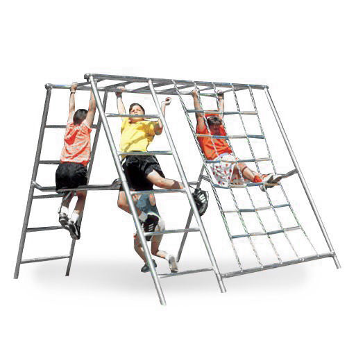 Children climbing on galvanized steel frame net climber with plastic-covered climbing net and sloped sides