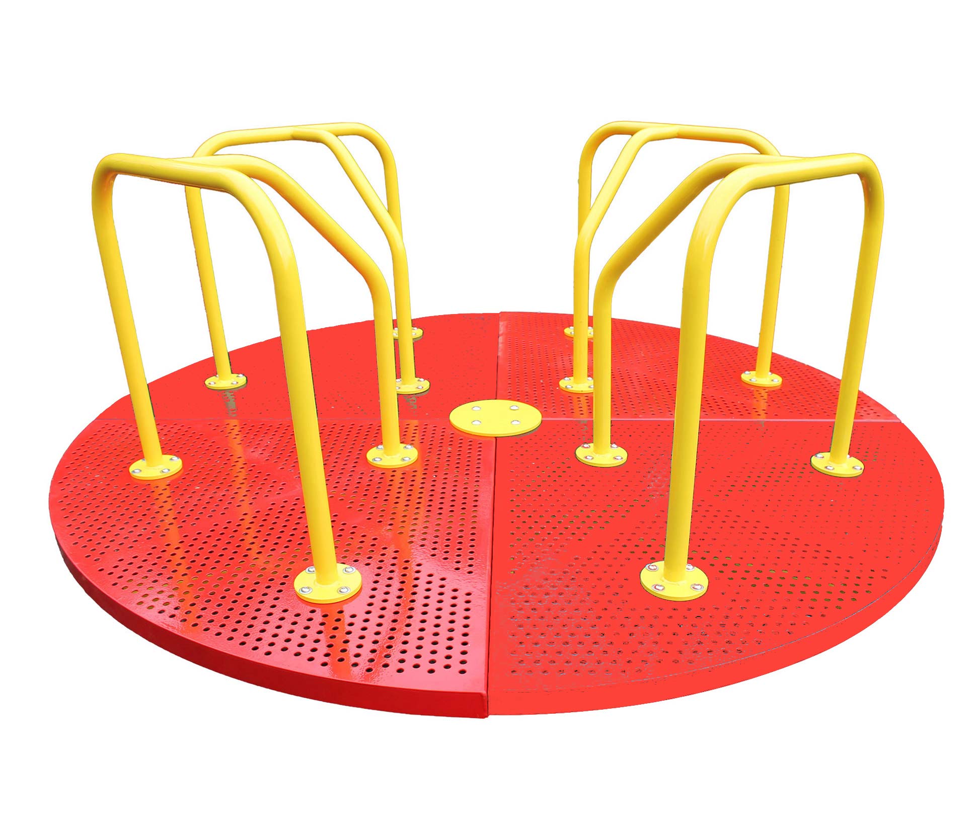 Red and yellow steel playground merry-go-round with perforated deck and four sets of yellow handrails