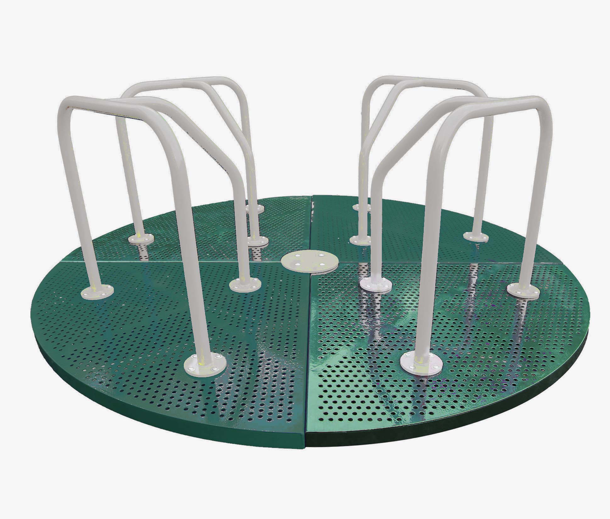 Green powder-coated steel merry go round with punched deck and white handrails for playground use