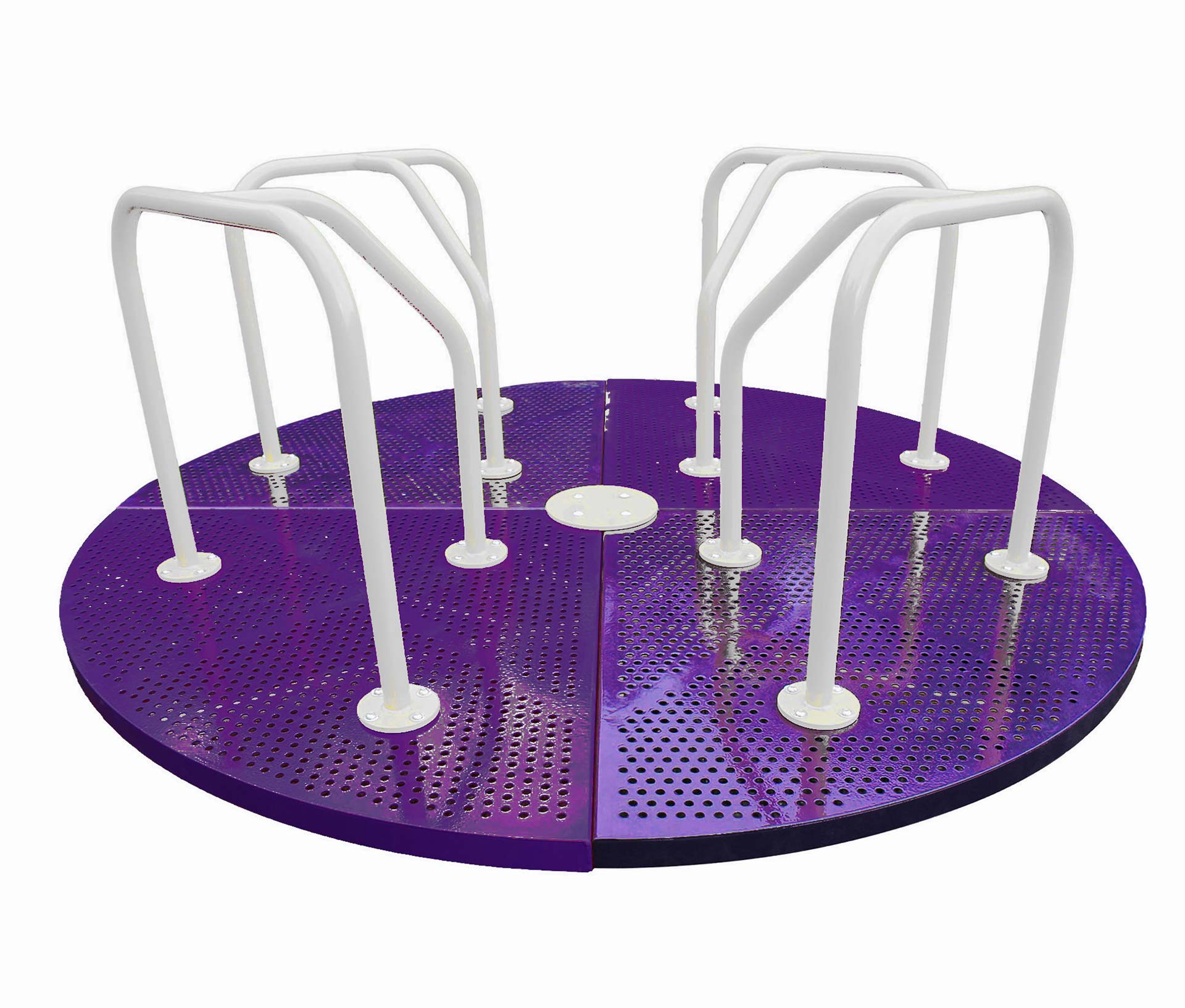Purple perforated steel merry go round with white powder-coated handrails, angled view