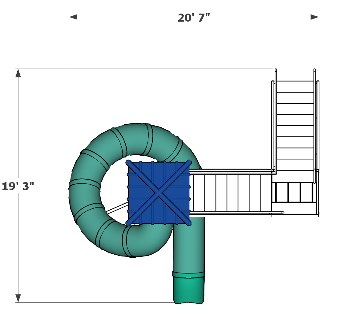 Overhead view of a freestanding water slide with a smooth 360-degree enclosed tube turn and stair access platform