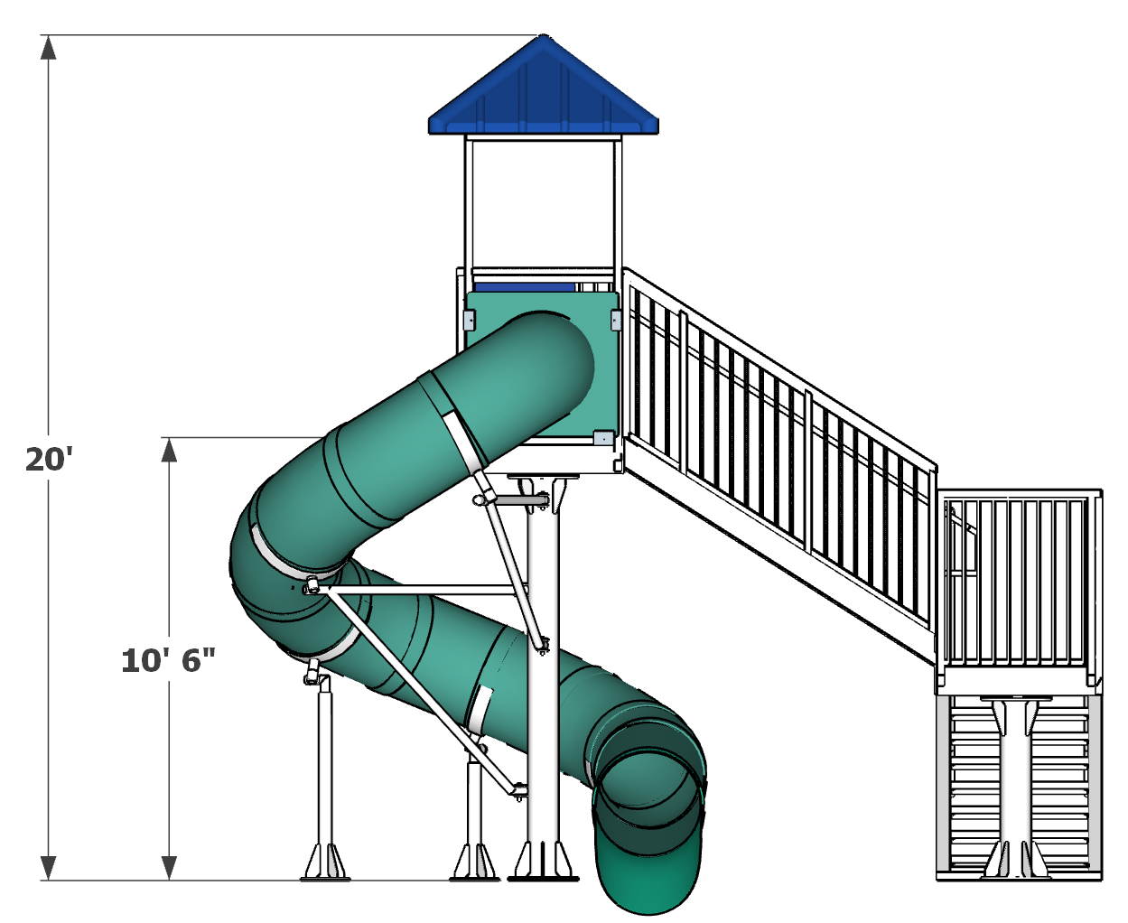 Freestanding commercial water slide with enclosed spiral tube, safety railings, and covered top platform
