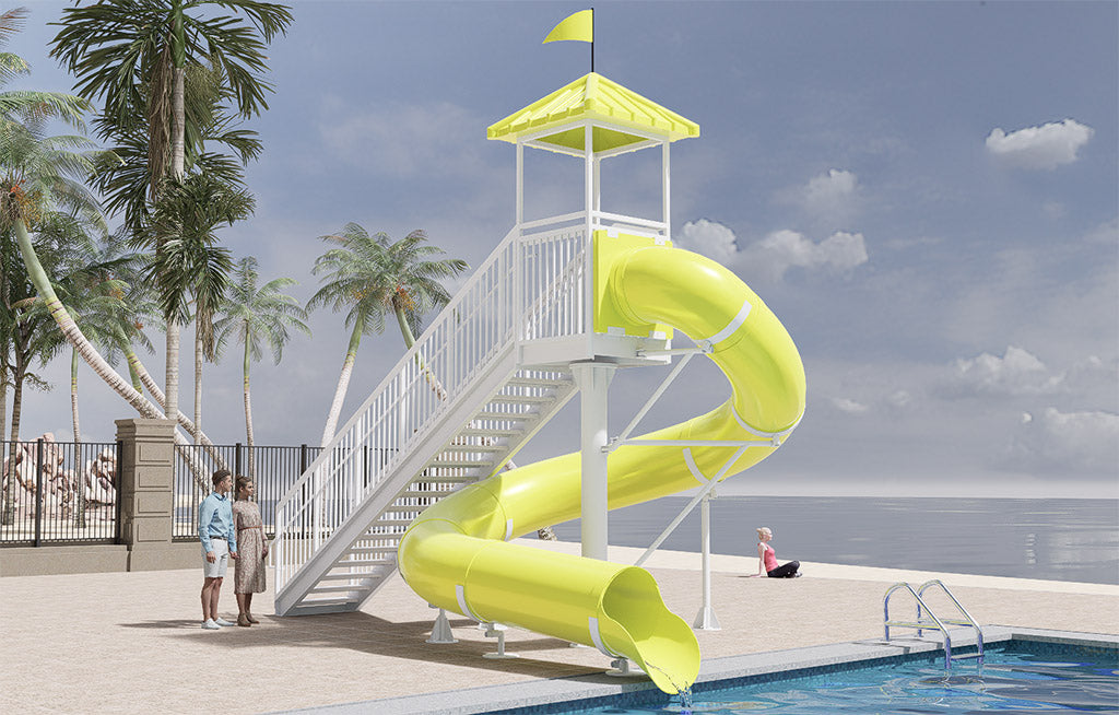 Bright yellow spiral water slide with white stairs and canopy beside a pool with palm trees and clear sky