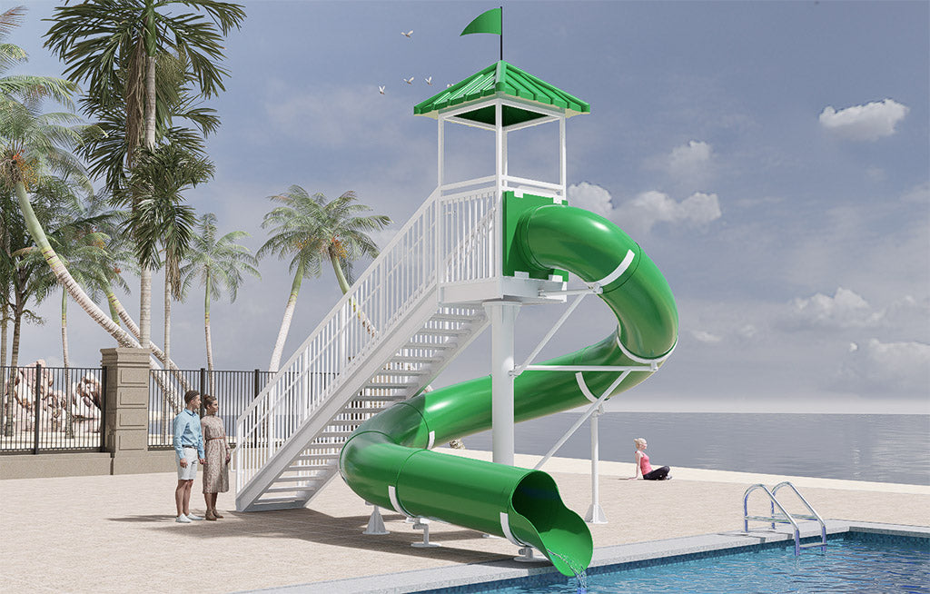 Green spiral water slide with white supports and stairs beside a pool, surrounded by palm trees and people nearby