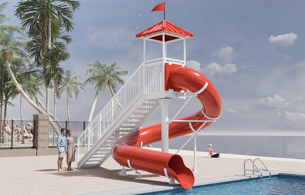Red spiral water slide with white supports and red roofed platform beside pool, palm trees, and ocean view