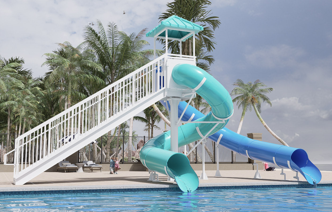 Sutherland Falls Water Slide with dual twisting blue and turquoise slides, white enclosed stairs, metal handrails, and palm trees by poolside