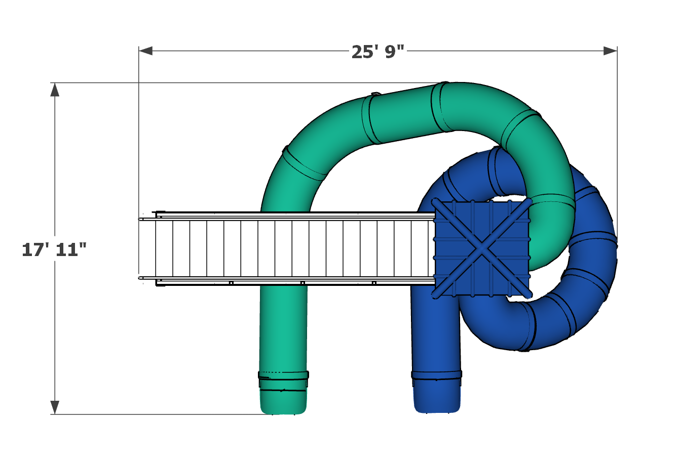 Overhead view of dual curved enclosed water slides with green and blue tubes and central platform