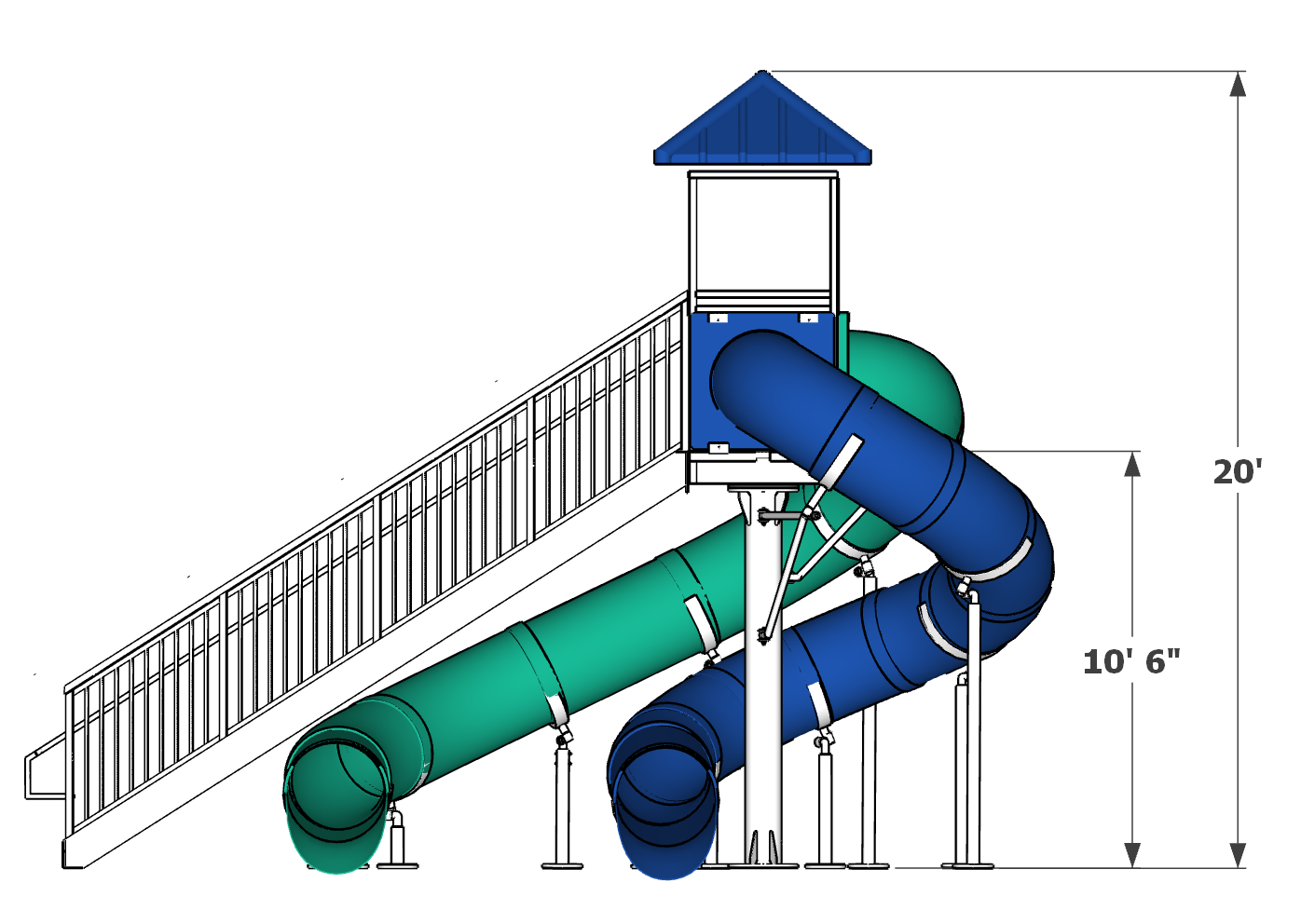 Elevated outdoor water slide with blue and green enclosed twisting tubes, blue-roofed platform, and white support structure