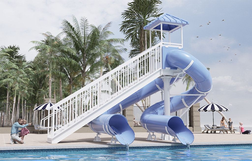 Yosemite Falls Water Slide with dual blue twisting slides, white railings, shaded top platform by poolside with palm trees and people