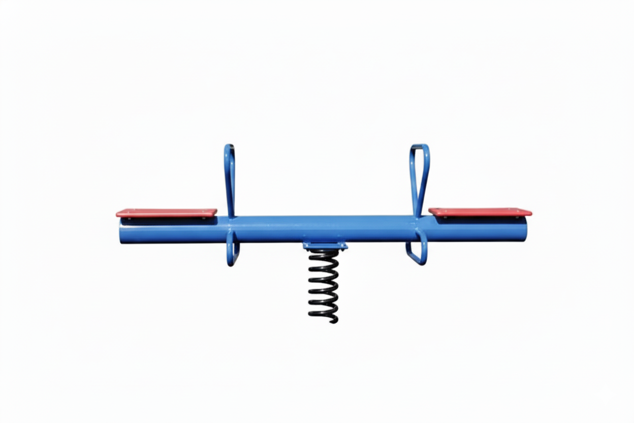 Teeter Spring Rider with blue beam, red seats, blue handles, and black coil spring base designed for active outdoor play