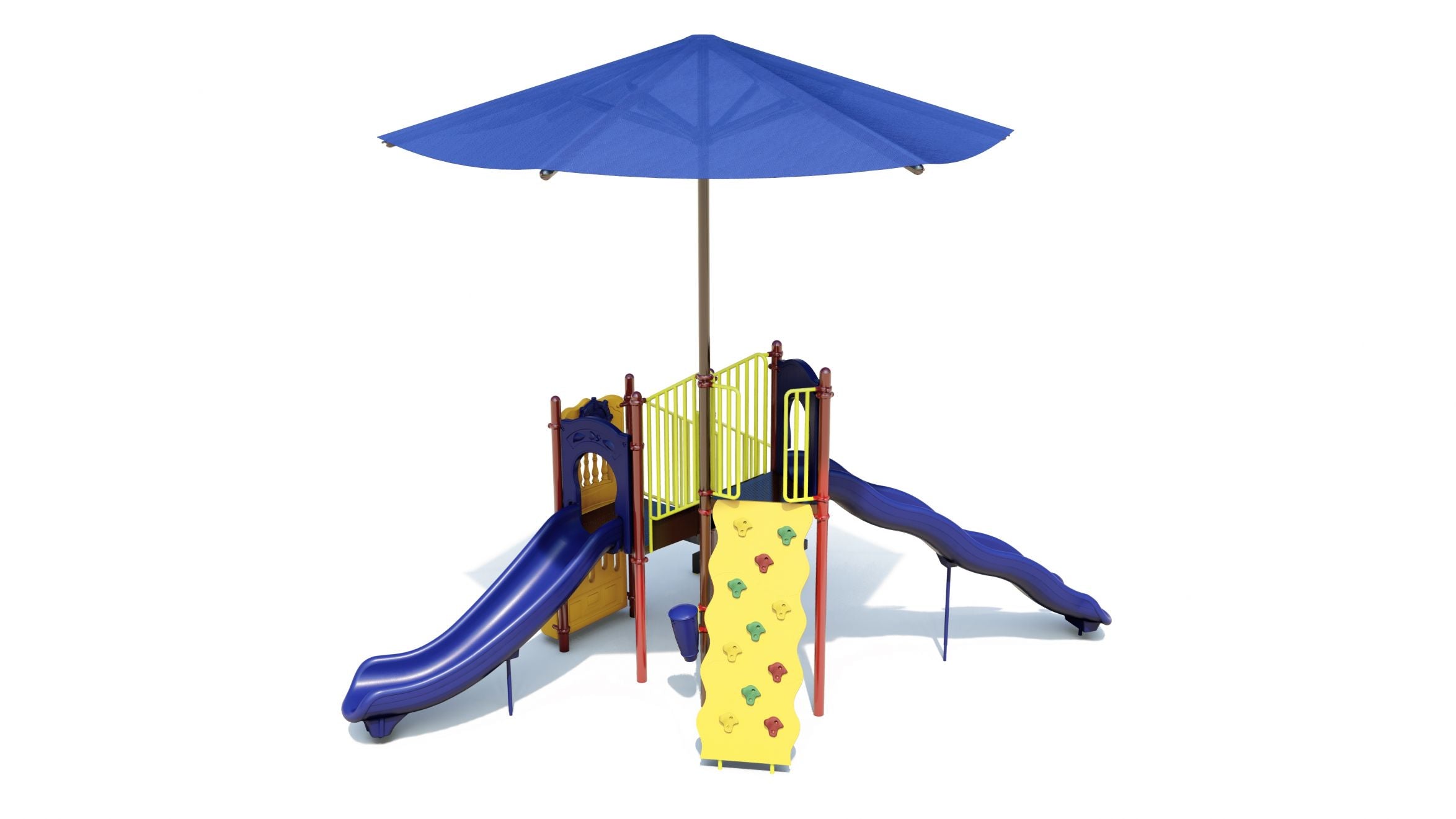 Compact playground structure with two blue slides, yellow climbing wall, and large blue shade canopy