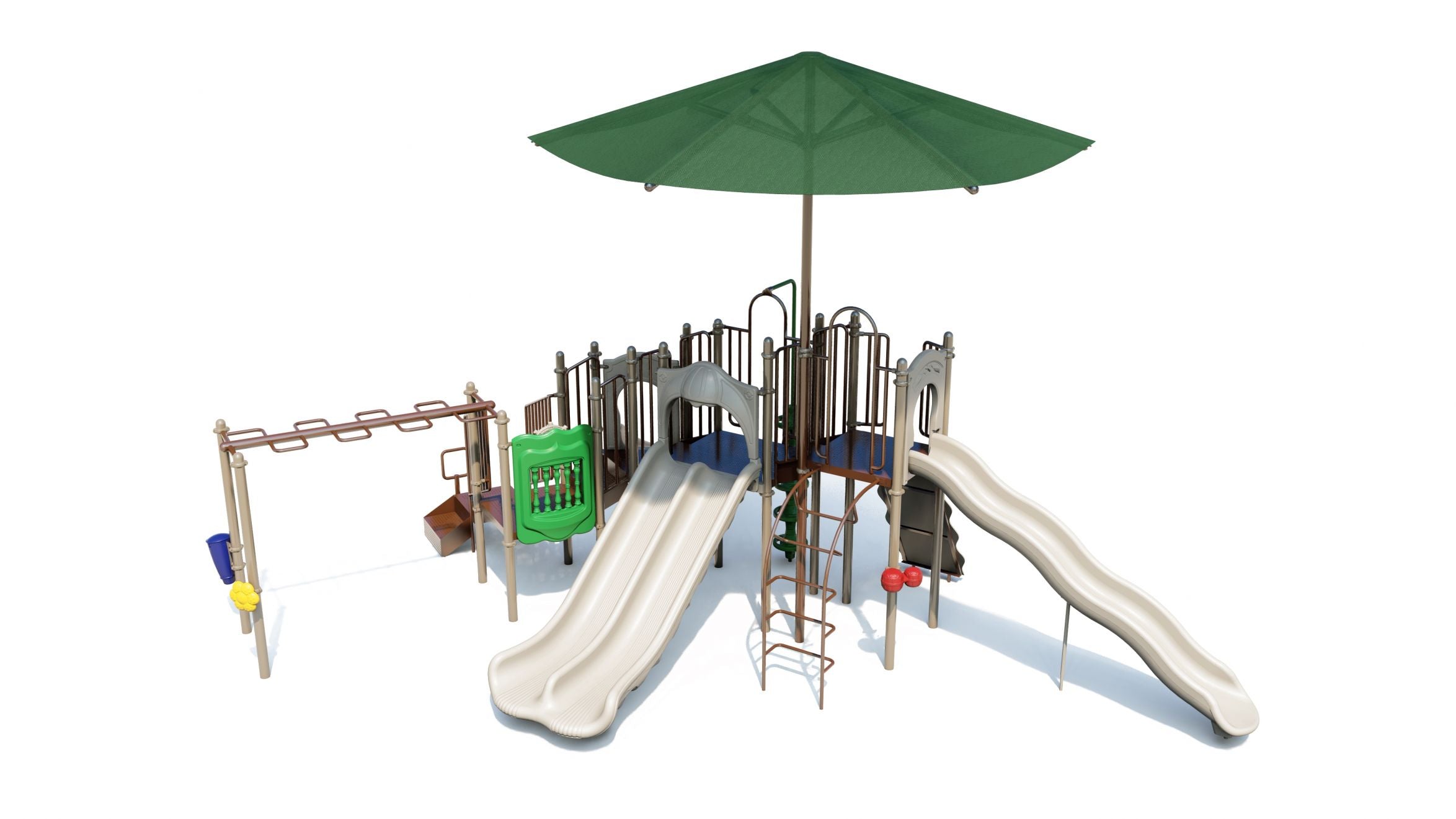 Large playground structure with multiple beige slides, monkey bars, climbing elements, and a green shade canopy