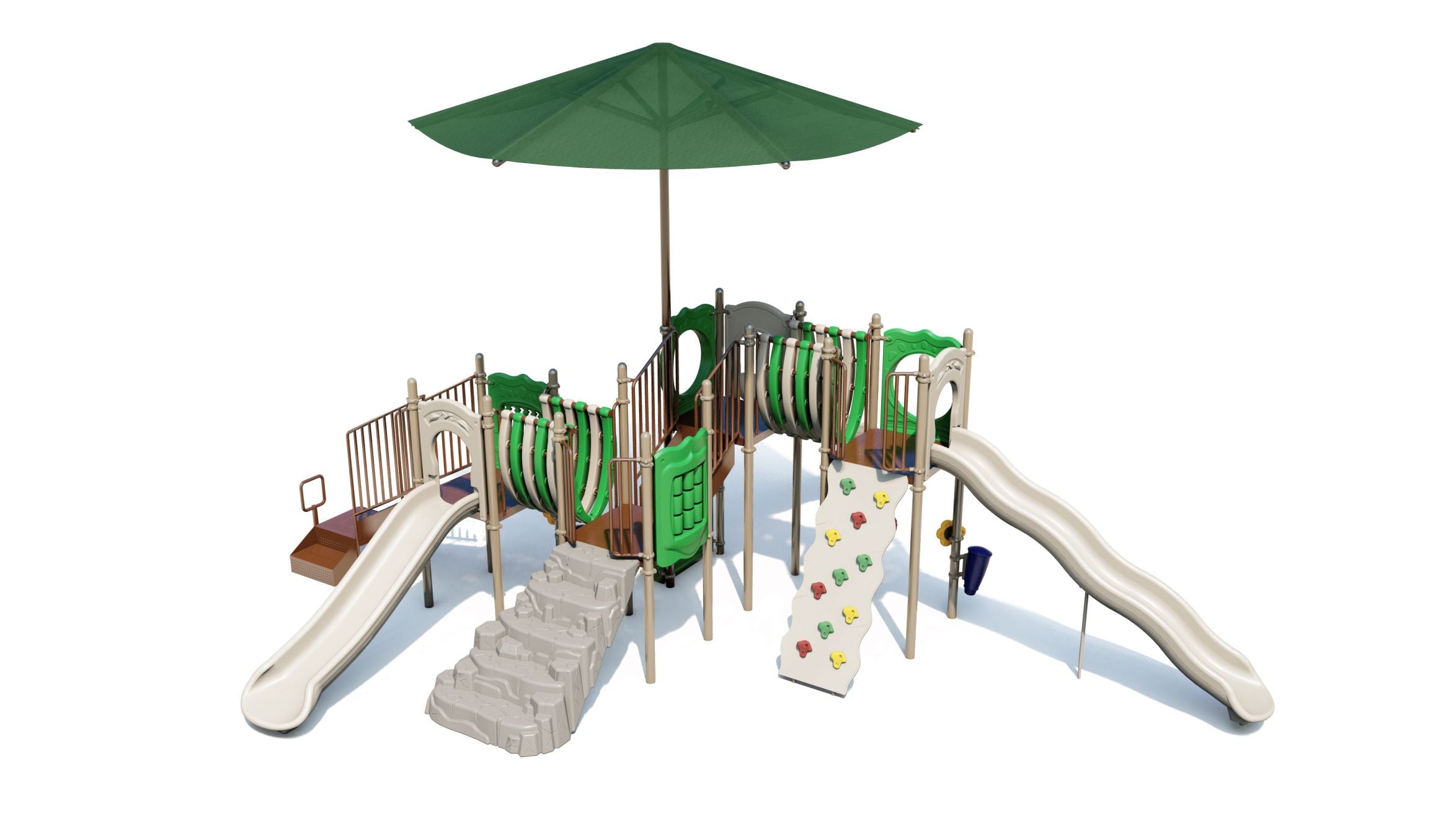 Outdoor playground with three slides, climbing wall, tunnels, interactive panels, and large green shade canopy