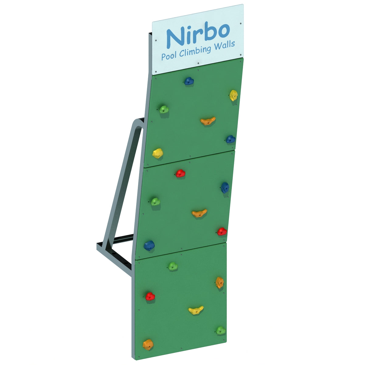 Green single straight pool climbing wall with colorful handholds and sturdy metal frame for indoor or outdoor use