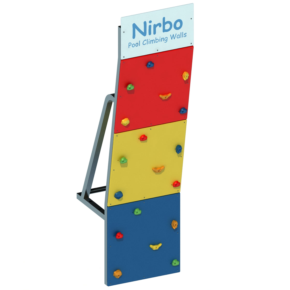Multi-color pool climbing wall with red, yellow, and blue panels, colorful climbing holds, and stainless steel frame
