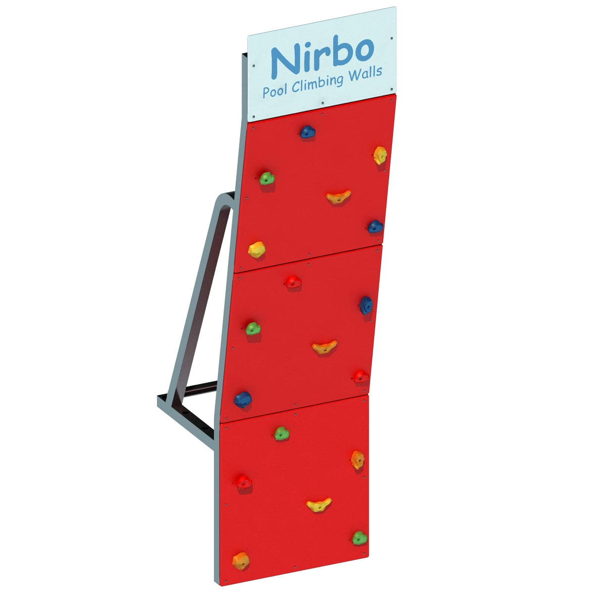 Red single straight pool climbing wall with multicolored climbing holds and stainless steel frame