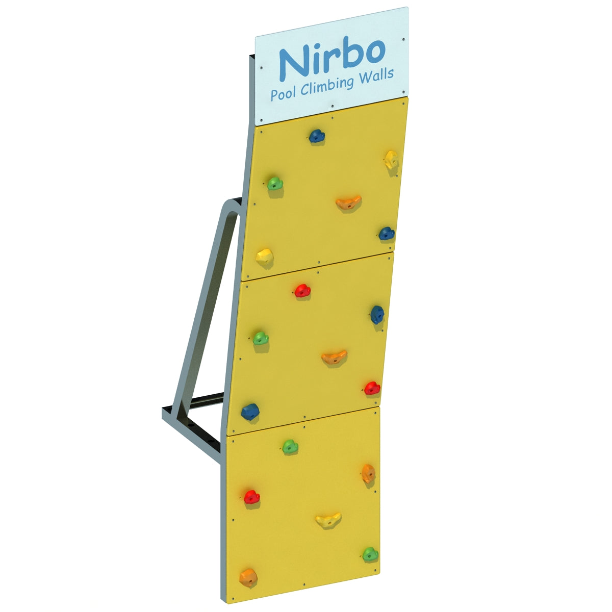 Yellow single straight pool climbing wall with multicolored climbing holds and sturdy metal frame support