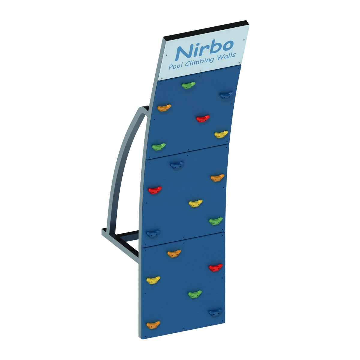 Curved blue pool climbing wall with colorful handholds and sturdy metal frame for indoor or outdoor use