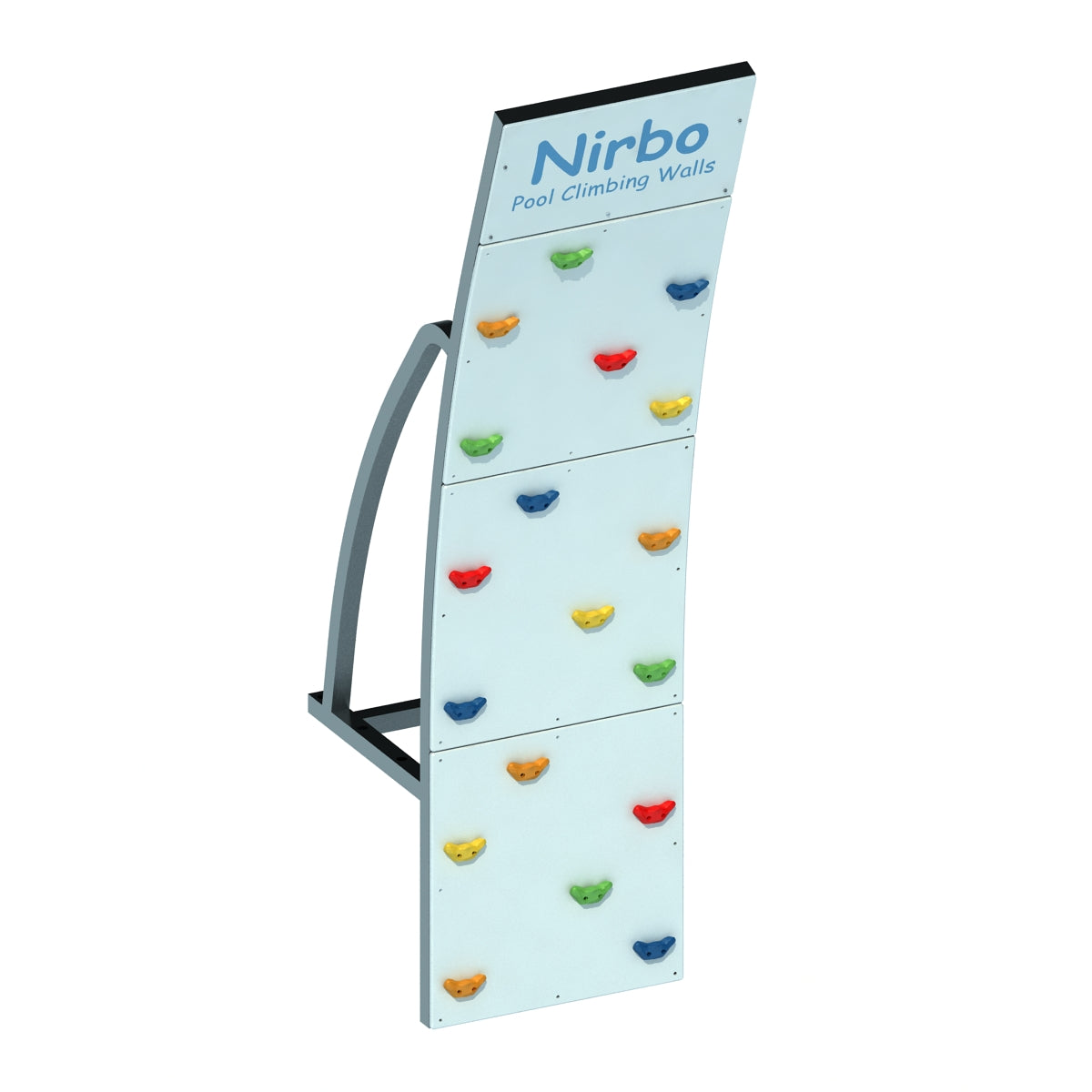 Curved pool climbing wall with colorful handholds and sturdy metal frame for indoor or outdoor use