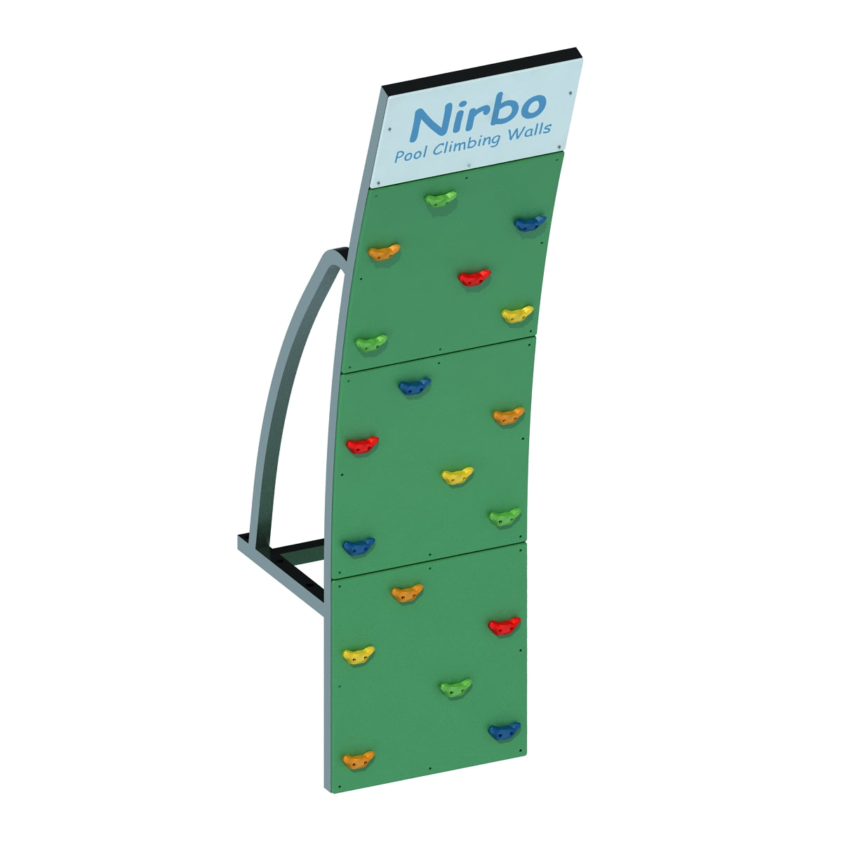 Curved green pool climbing wall with multicolored handholds and sturdy metal frame for indoor or outdoor use
