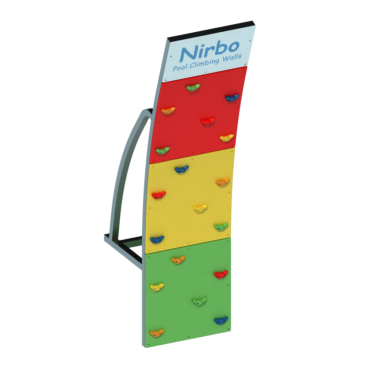 Curved multi-color pool climbing wall with red, yellow, and green panels and colorful climbing holds