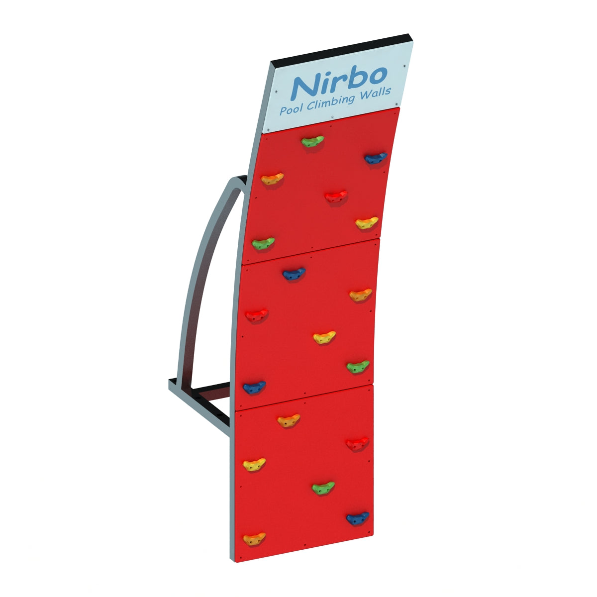 Red curved pool climbing wall with multicolored handholds and sturdy metal frame for indoor or outdoor use