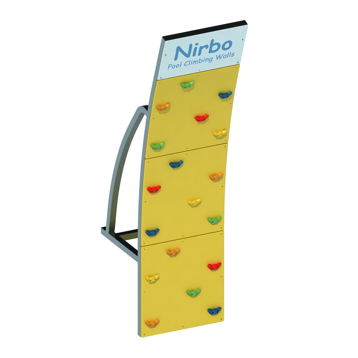 Curved yellow pool climbing wall with multicolored handholds and sturdy metal frame for indoor or outdoor use