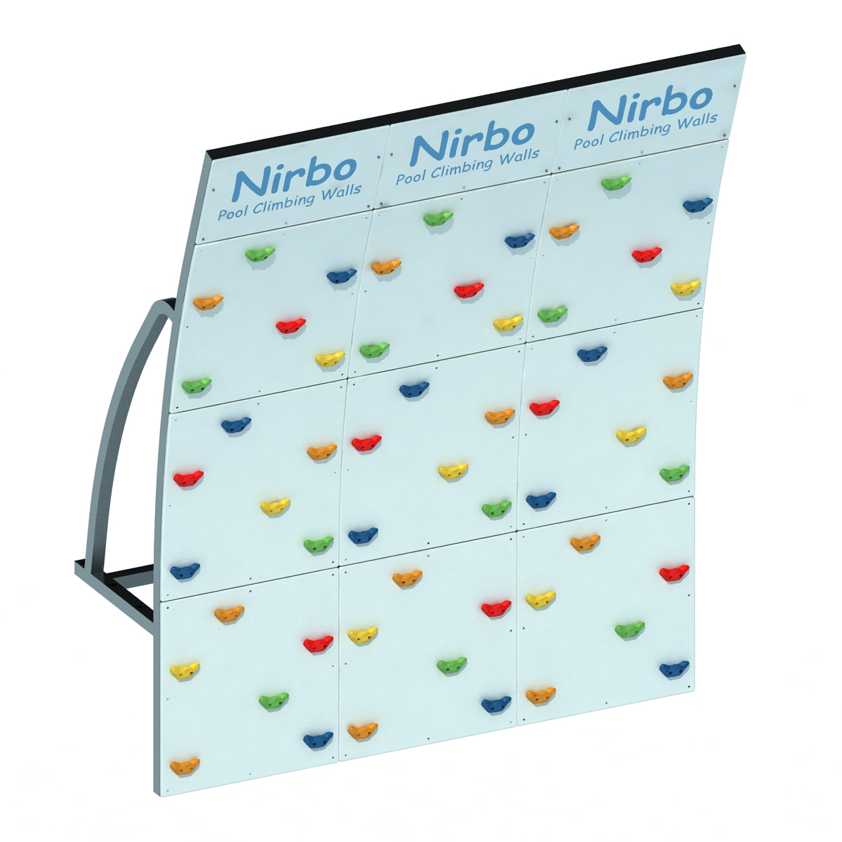 Triple curved colorful handhold climbing wall with sturdy metal frame for indoor or outdoor pool use