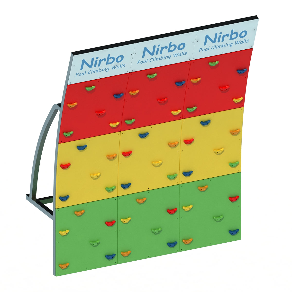 Triple curved pool climbing wall with red, yellow, and green panels and multicolored climbing holds