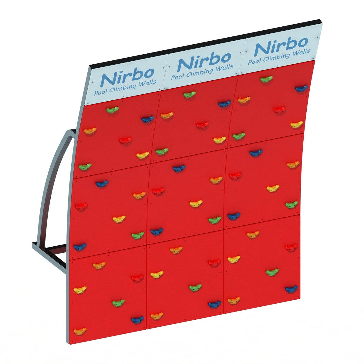Triple curved red pool climbing wall with colorful handholds and sturdy metal frame for indoor or outdoor use