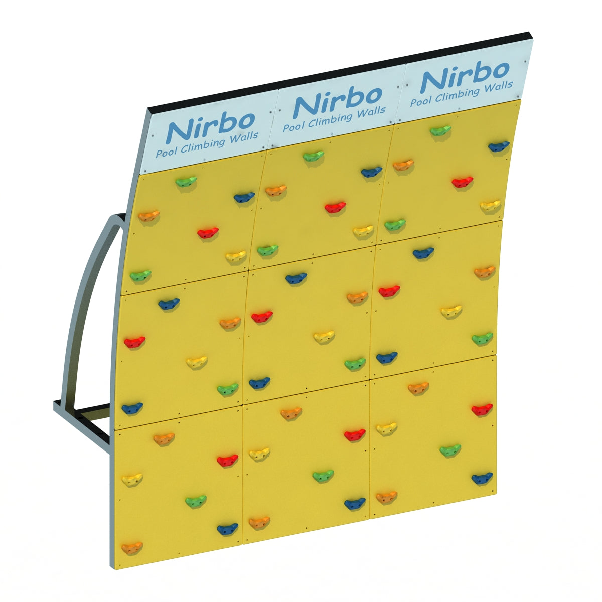 Triple curved yellow pool climbing wall with multicolored handholds and stainless steel frame