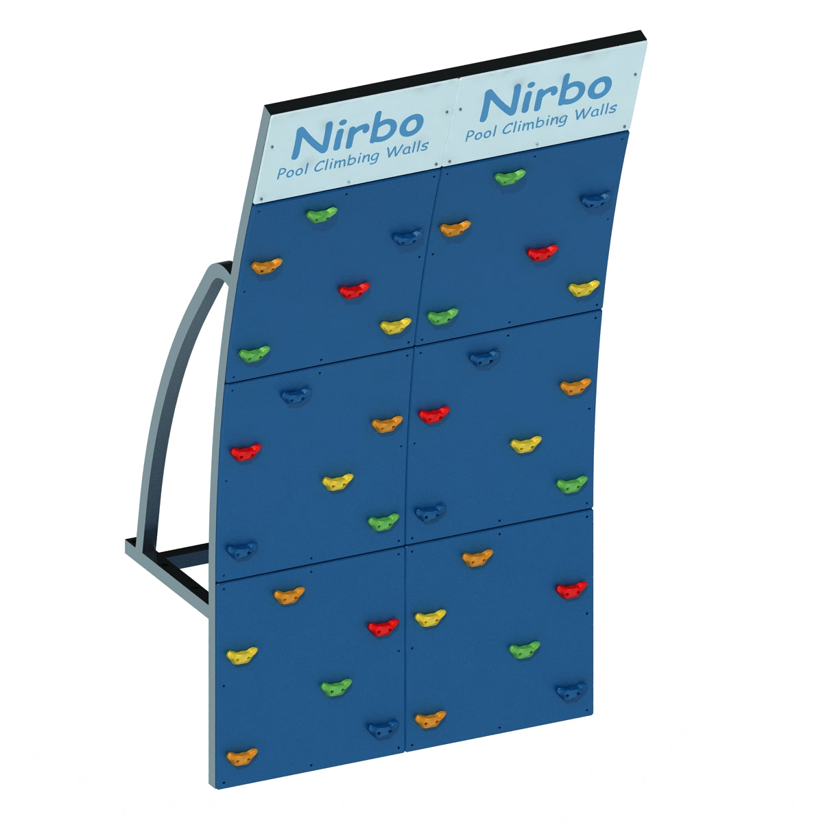Blue double-curved pool climbing wall with colorful handholds and sturdy metal frame for indoor or outdoor use