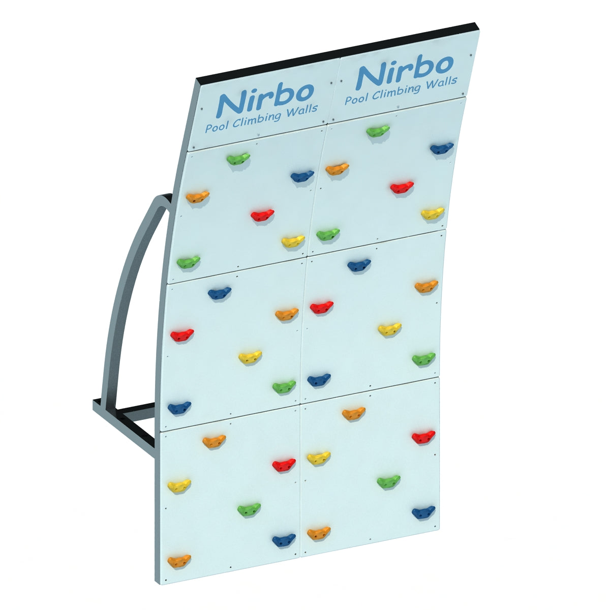 Double curved pool climbing wall with colorful handholds and sturdy metal frame for indoor or outdoor use