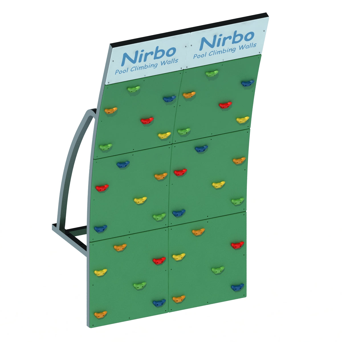 Green double curved pool climbing wall with colorful handholds and sturdy metal frame