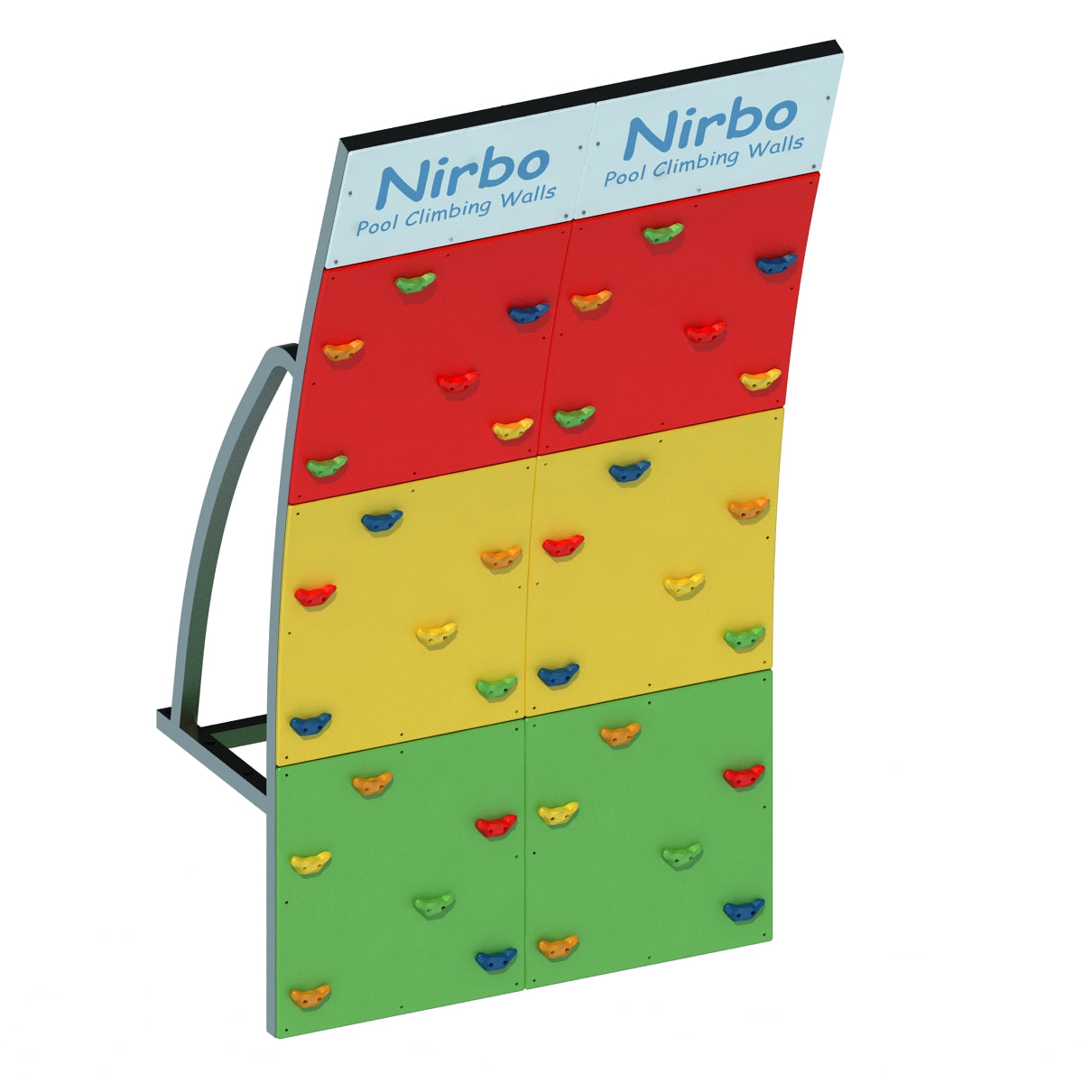 Double curved pool climbing wall with red, yellow, and green panels, multicolored holds, and stainless steel frame