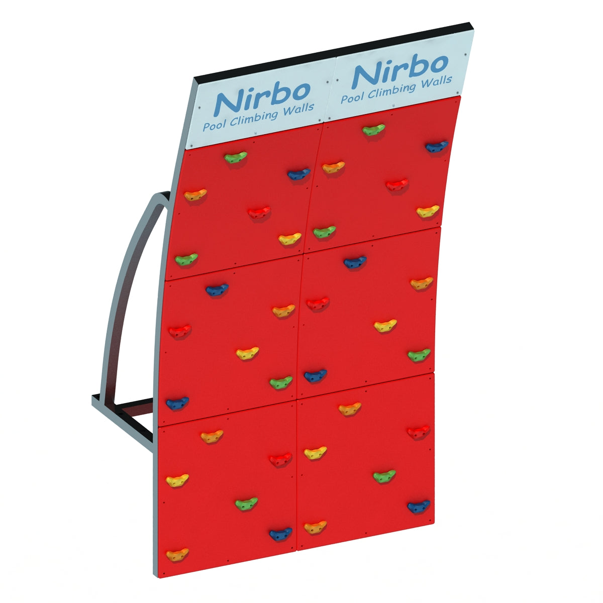 Double curved red pool climbing wall with colorful handholds and sturdy metal frame for indoor or outdoor use