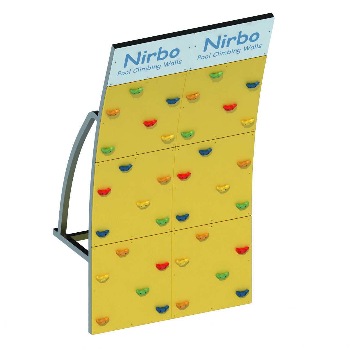Double curved yellow pool climbing wall with colorful handholds and sturdy metal frame for aquatic play