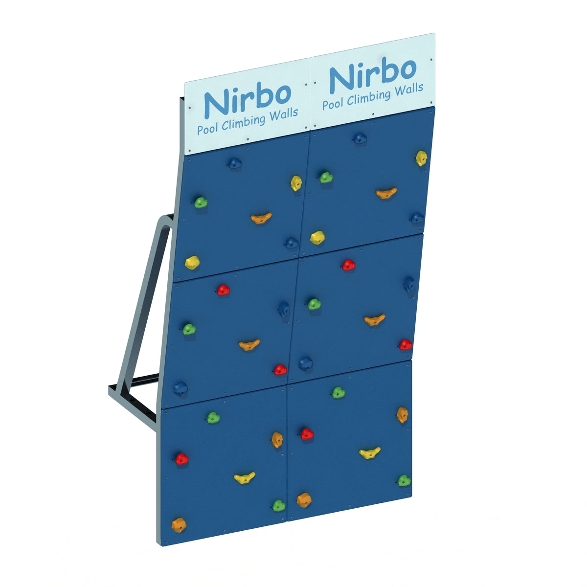 Blue double straight pool climbing wall with colorful handholds and sturdy metal frame for indoor or outdoor use