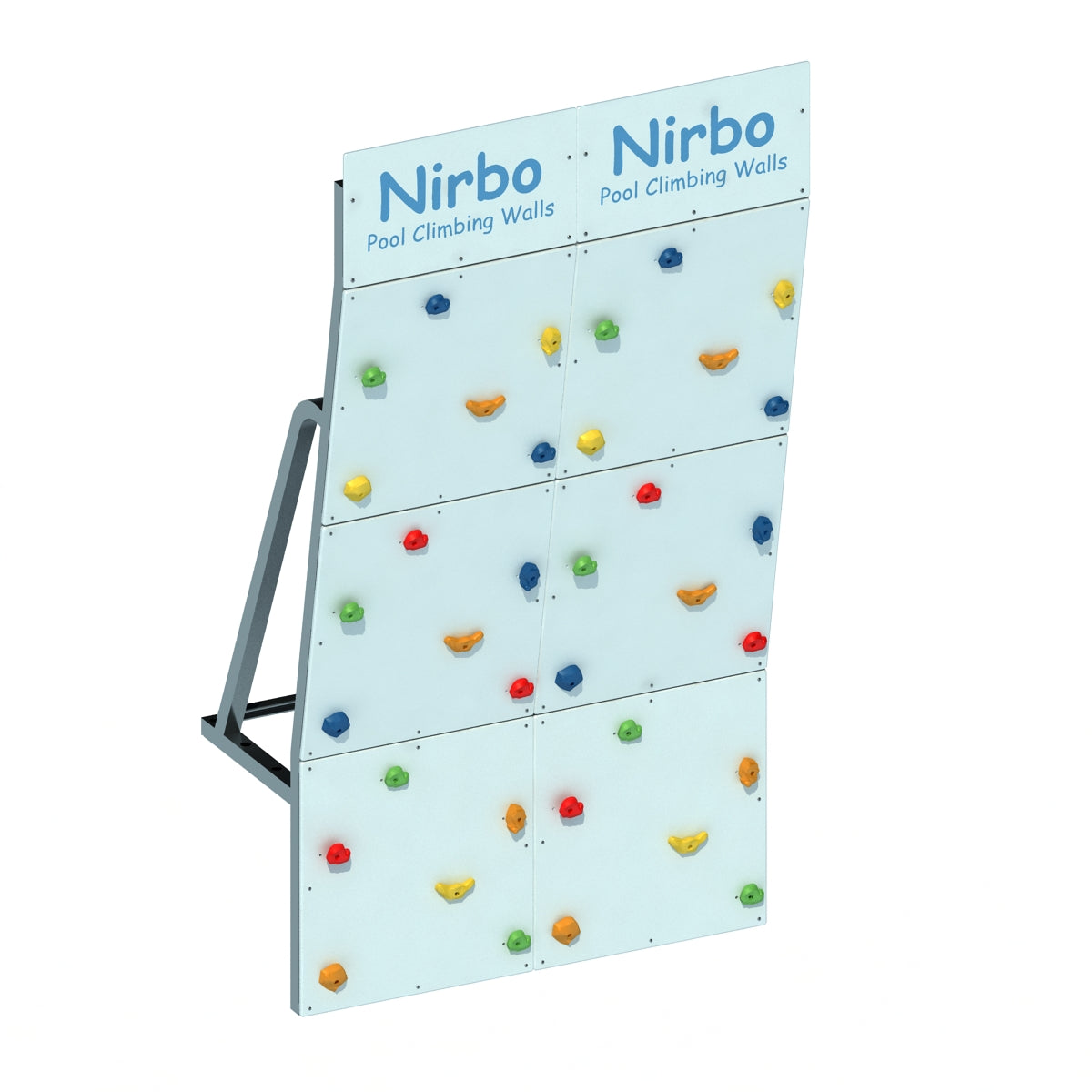 Double-panel pool climbing wall with colorful holds and sturdy metal frame for indoor or outdoor use