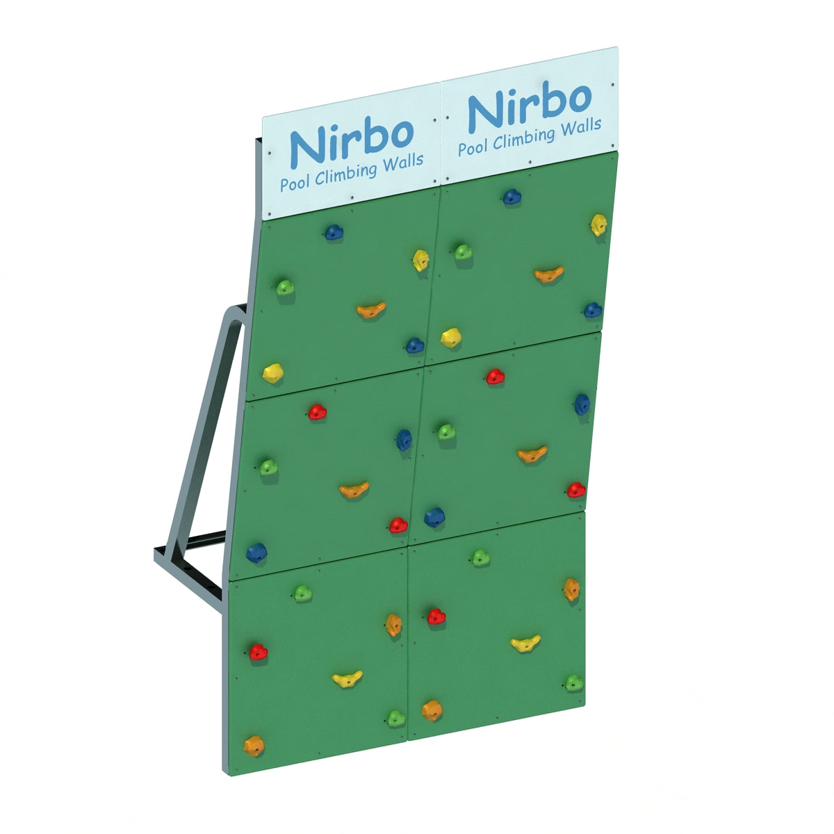 Green double straight pool climbing wall with colorful handholds and stainless steel frame for indoor or outdoor use