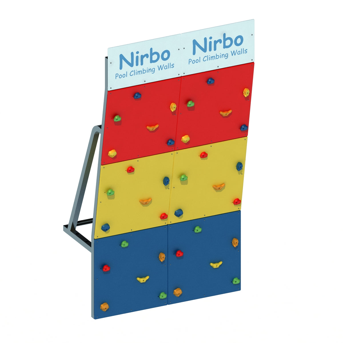 Double straight pool climbing wall with colorful holds on red, yellow, and blue panels, designed for indoor or outdoor pools.