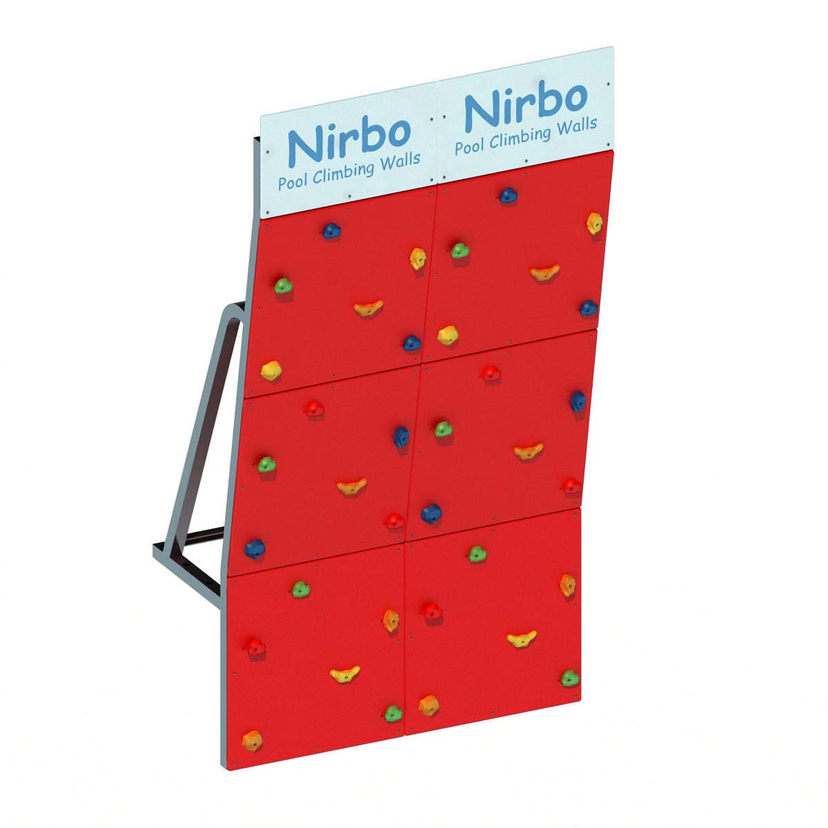 Red double straight pool climbing wall with colorful handholds and sturdy metal frame for indoor or outdoor use