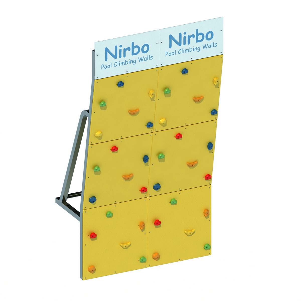 Yellow double-panel pool climbing wall with colorful handholds and sturdy metal frame for indoor or outdoor use